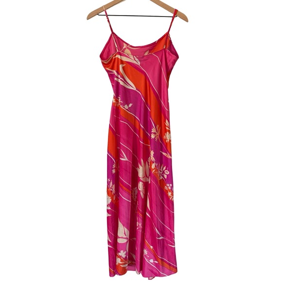 Natori Pink Orange Floral Diagonal Stripe Bias Cut Slip Midi Dress Womens Small - Picture 3 of 7